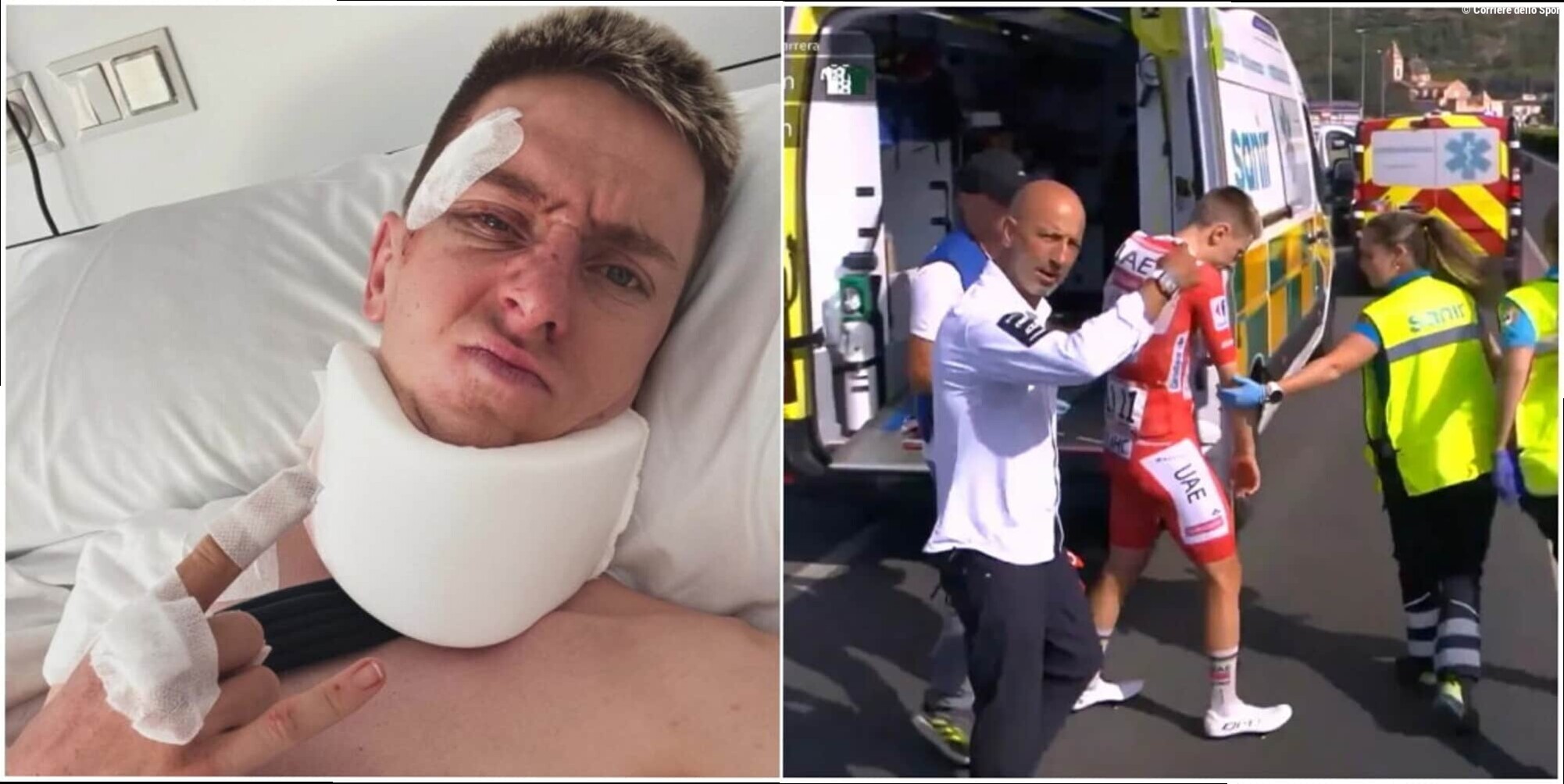 Pogacar sul letto d'ospedale con collare e cerotti: il campione ferito mostra già grinta