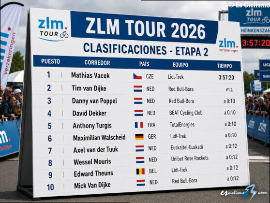 Clasificaciones completas de la 2Âª etapa del ZLM Tour 2026
