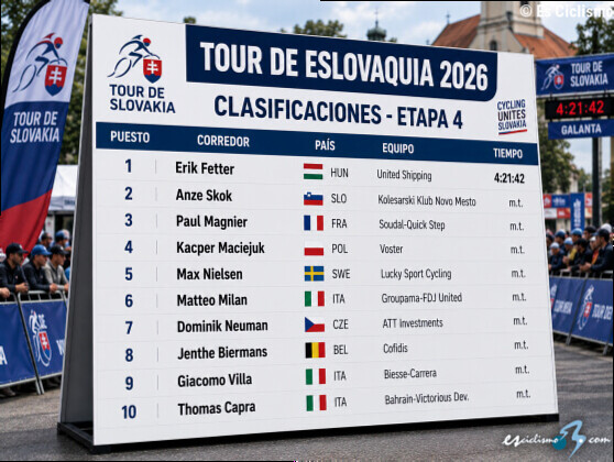 Clasificaciones completas de la 4Âª etapa del Tour de Eslovaquia 2026