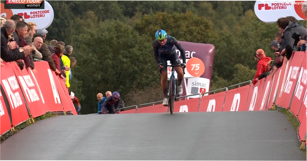 Letizia Borghesi wins stage 4 of the Eneco Tour as wind and rain play havoc on on VAM Mountain