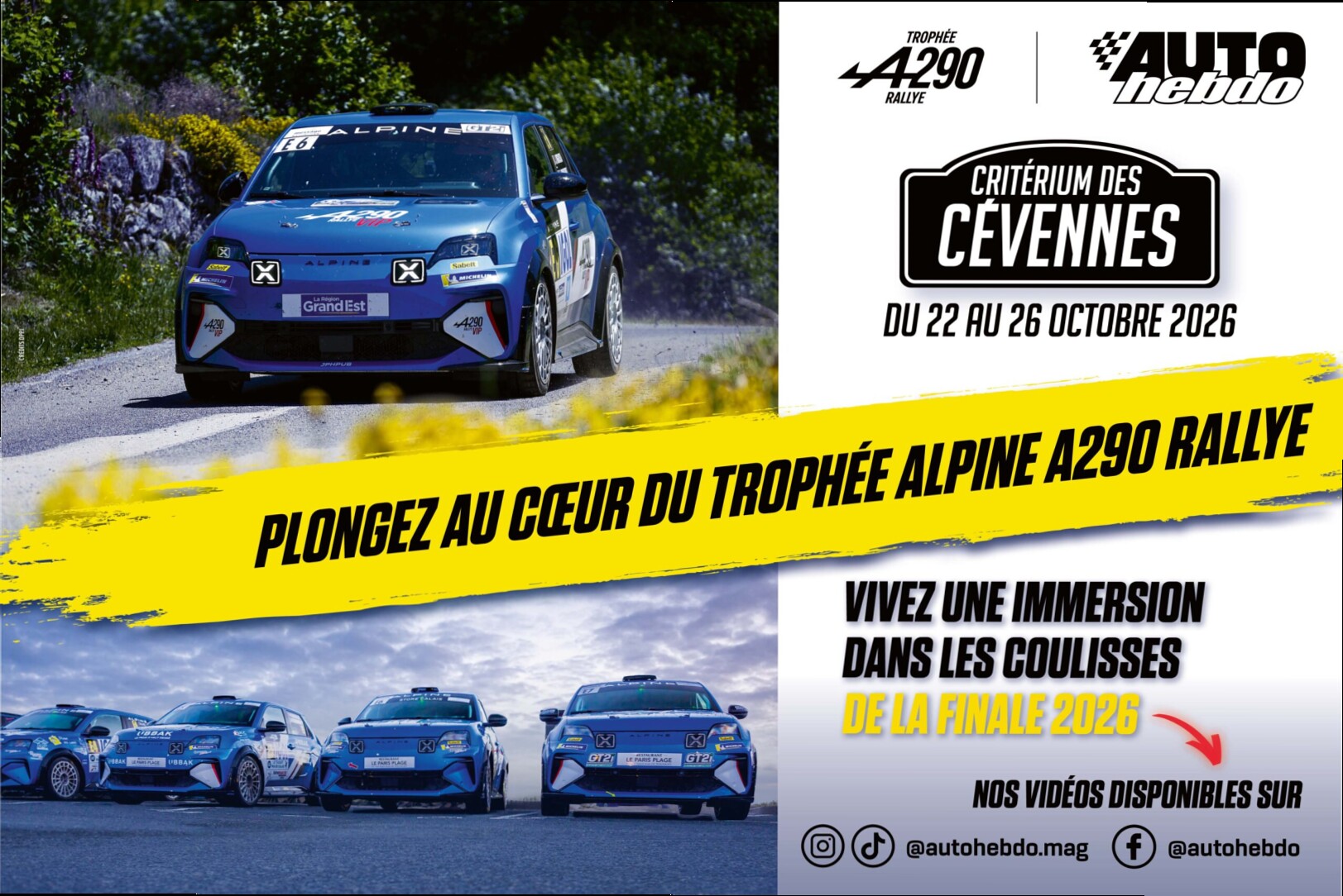 Du 22 au 26 octobre 2026, suivez la dernière manche du Trophée Alpine A290 Rallye, au Critérium des Cévennes, en immersion